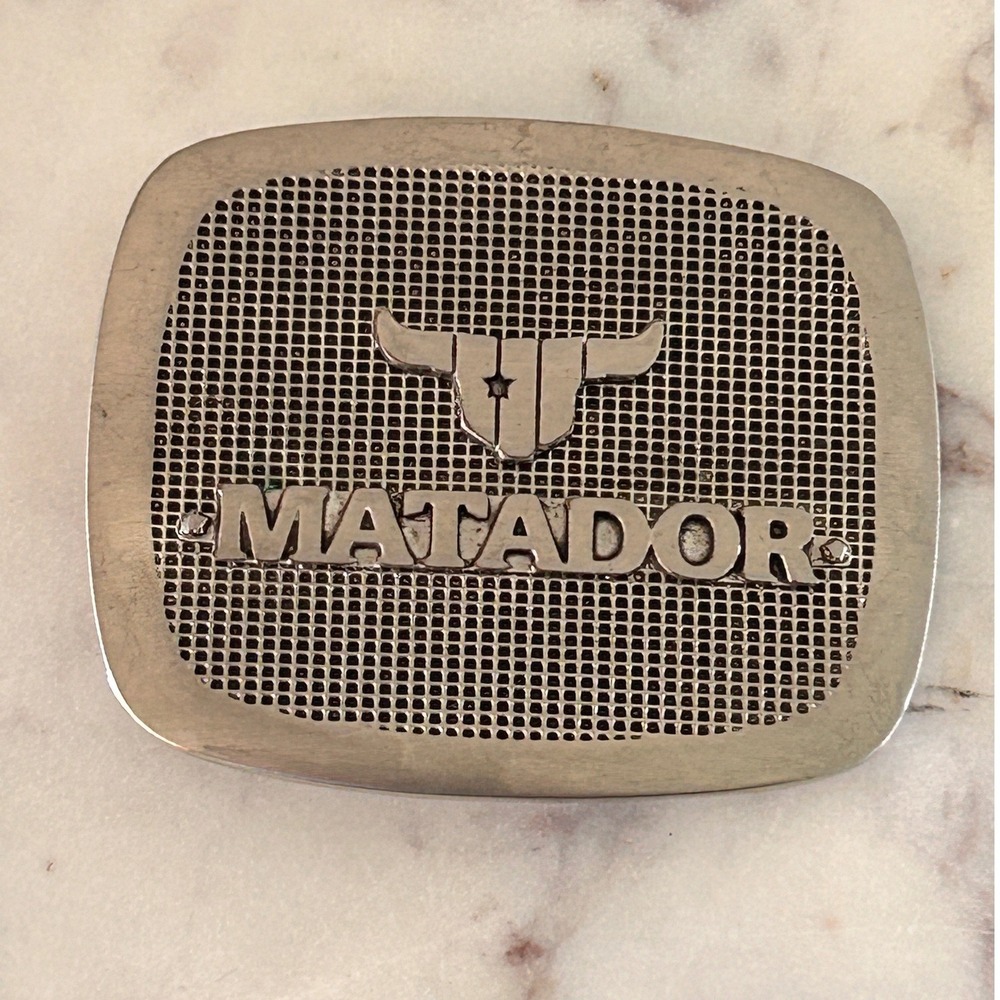 Vintage Matador Bull Logo Grid Silver Tone Western Belt Buckle Rectangular